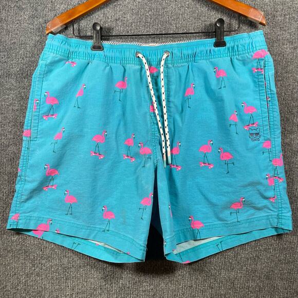 Party Pants Swim Trunks Men's XL Blue/Pink Flamingo AOP Geometric Stretch Swim - Picture 1 of 12